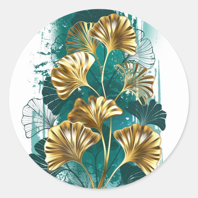 Branch with Golden Leaves Ginko Biloba Classic Round Sticker (Front)