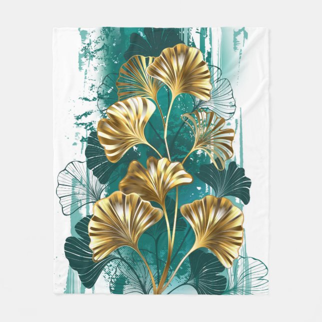 Branch with Golden Leaves Ginko Biloba Fleece Blanket (Front)