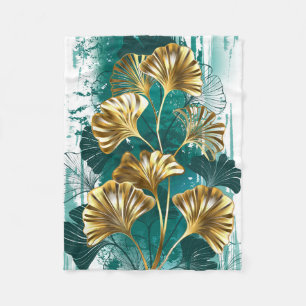 Branch with Golden Leaves Ginko Biloba Fleece Blanket