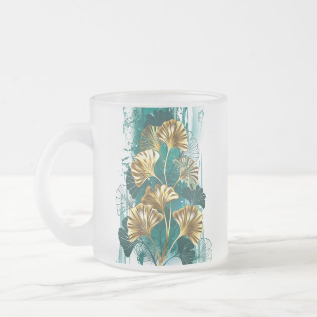 Branch with Golden Leaves Ginko Biloba Frosted Glass Coffee Mug (Left)