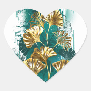 Branch with Golden Leaves Ginko Biloba Heart Sticker