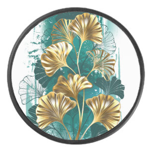 Branch with Golden Leaves Ginko Biloba Hockey Puck