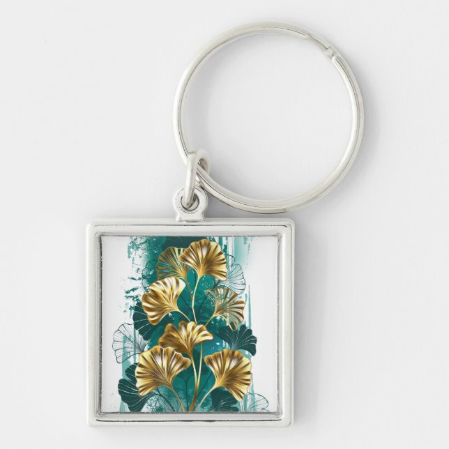 Branch with Golden Leaves Ginko Biloba Key Ring (Front)