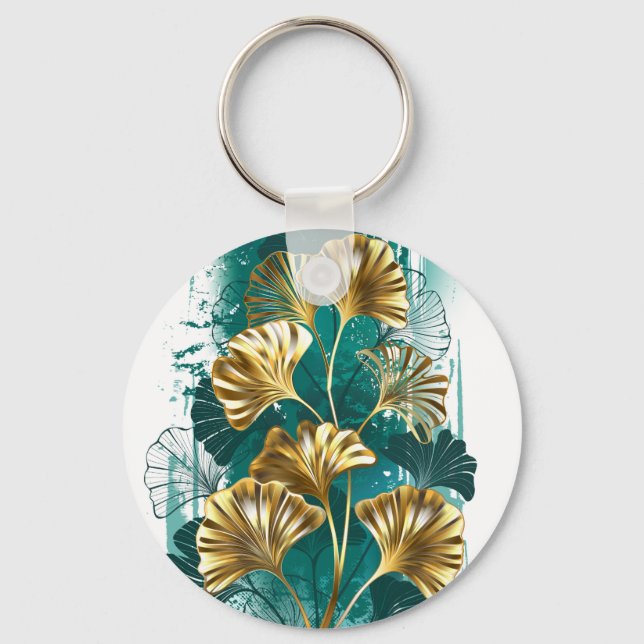 Branch with Golden Leaves Ginko Biloba Key Ring (Front)
