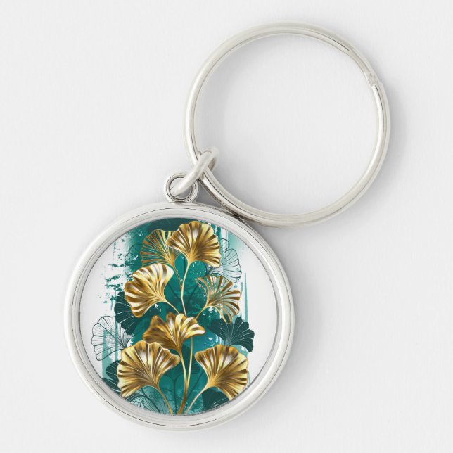 Branch with Golden Leaves Ginko Biloba Key Ring (Front)