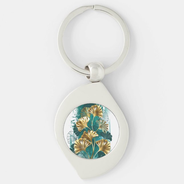 Branch with Golden Leaves Ginko Biloba Key Ring (Front)