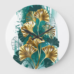 Branch with Golden Leaves Ginko Biloba Large Clock