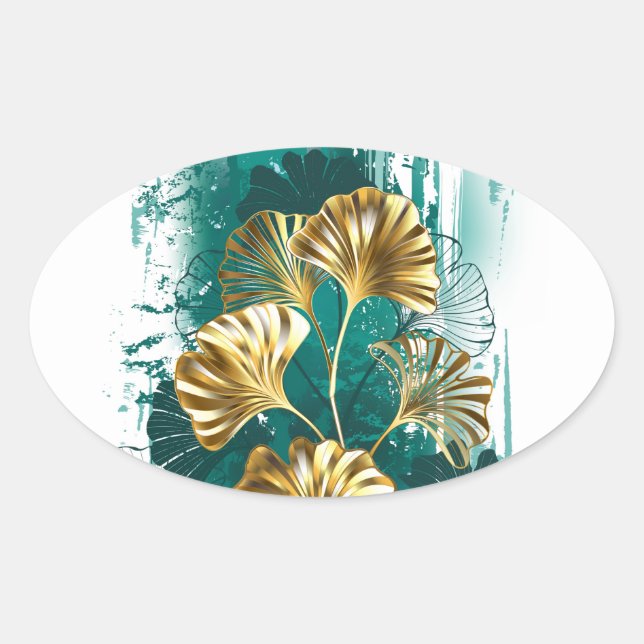Branch with Golden Leaves Ginko Biloba Oval Sticker (Front)