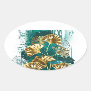 Branch with Golden Leaves Ginko Biloba Oval Sticker