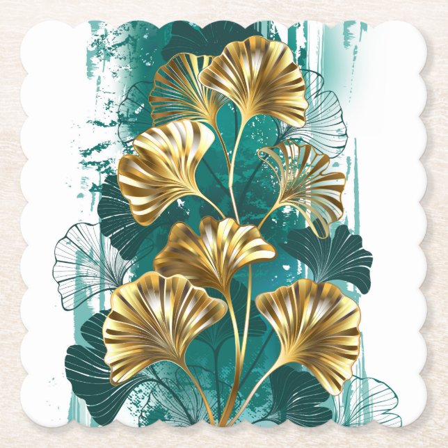 Branch with Golden Leaves Ginko Biloba Paper Coaster (Front)