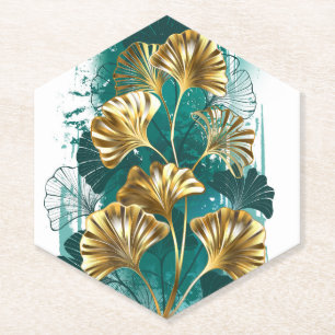 Branch with Golden Leaves Ginko Biloba Paper Coaster