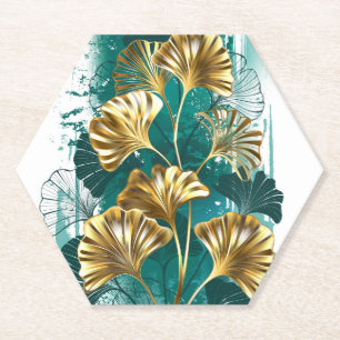 Branch with Golden Leaves Ginko Biloba Paper Coaster