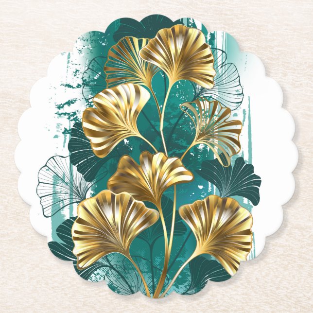 Branch with Golden Leaves Ginko Biloba Paper Coaster (Front)