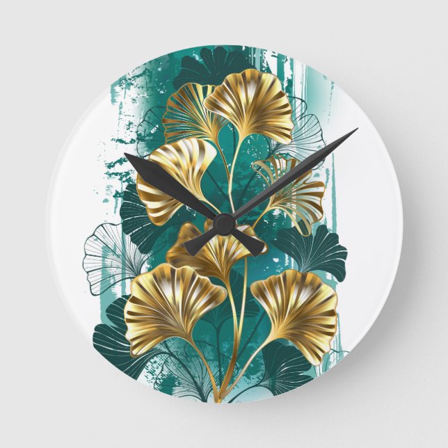 Branch with Golden Leaves Ginko Biloba Round Clock (Front)