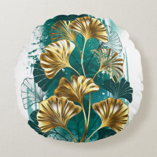 Branch with Golden Leaves Ginko Biloba Round Cushion