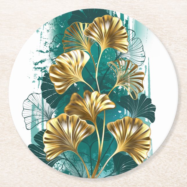 Branch with Golden Leaves Ginko Biloba Round Paper Coaster (Front)