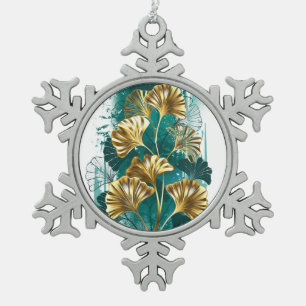 Branch with Golden Leaves Ginko Biloba Snowflake Pewter Christmas Ornament