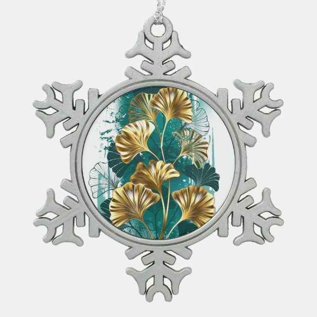 Branch with Golden Leaves Ginko Biloba Snowflake Pewter Christmas Ornament (Front)