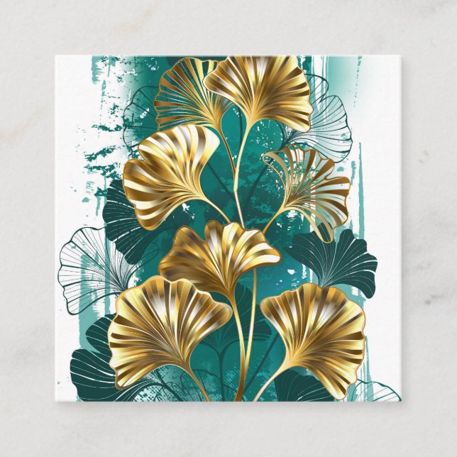 Branch with Golden Leaves Ginko Biloba Square Business Card (Front)