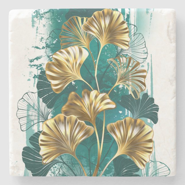 Branch with Golden Leaves Ginko Biloba Stone Coaster (Front)