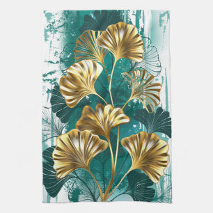 Branch with Golden Leaves Ginko Biloba Tea Towel