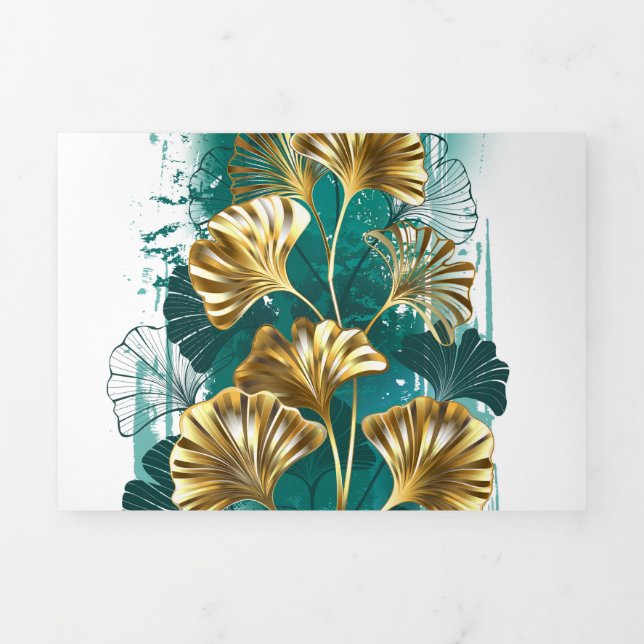Branch with Golden Leaves Ginko Biloba Tri-Fold Holiday Card (Cover)