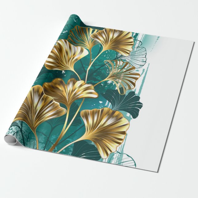 Branch with Golden Leaves Ginko Biloba Wrapping Paper (Unrolled)