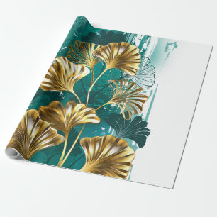 Branch with Golden Leaves Ginko Biloba Wrapping Paper