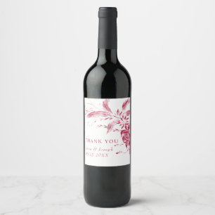 Branch with magenta pink and white flowers wedding wine label