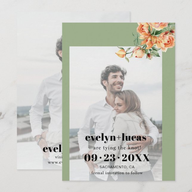 Branch with peach roses floral photo wedding save the date (Front/Back)