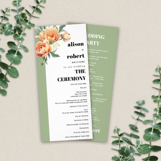 Branch with peach roses sage wedding program rack card (Creator Uploaded)