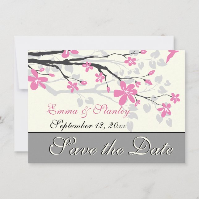 Branch with pink blossoms wedding Save the Date (Front)