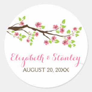 Branch with pink cherry blossoms spring wedding classic round sticker