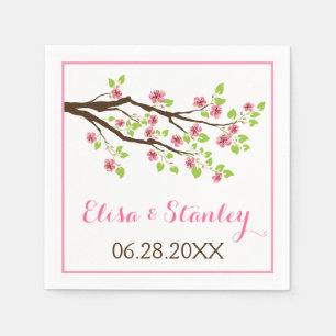 Branch with pink cherry blossoms spring wedding napkin
