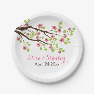 Branch with pink cherry blossoms spring wedding paper plate