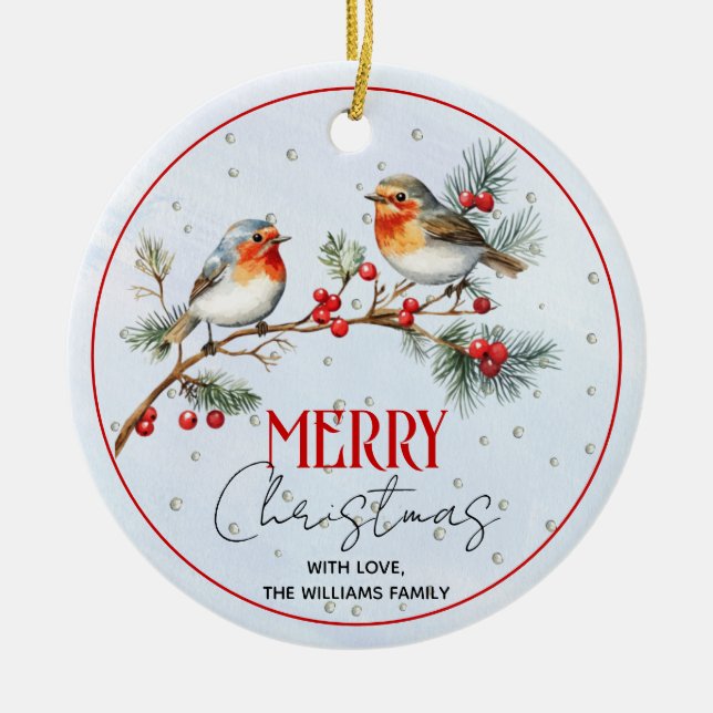 Branch with robin birds, berries Christmas photo Ceramic Tree Decoration (Front)