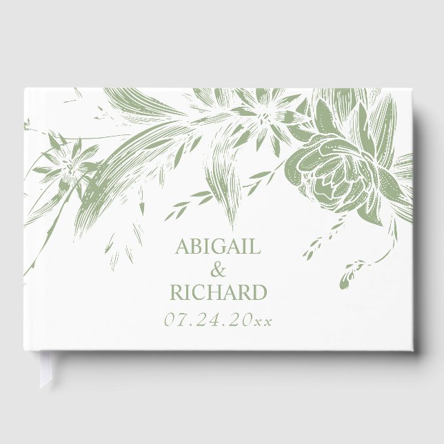 Branch with sage green and white flowers wedding guest book (Front)