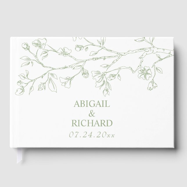 Branch with sage green blossoms monochrome wedding guest book (Front)