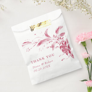 Branch with viva magenta and white flowers wedding favour bags