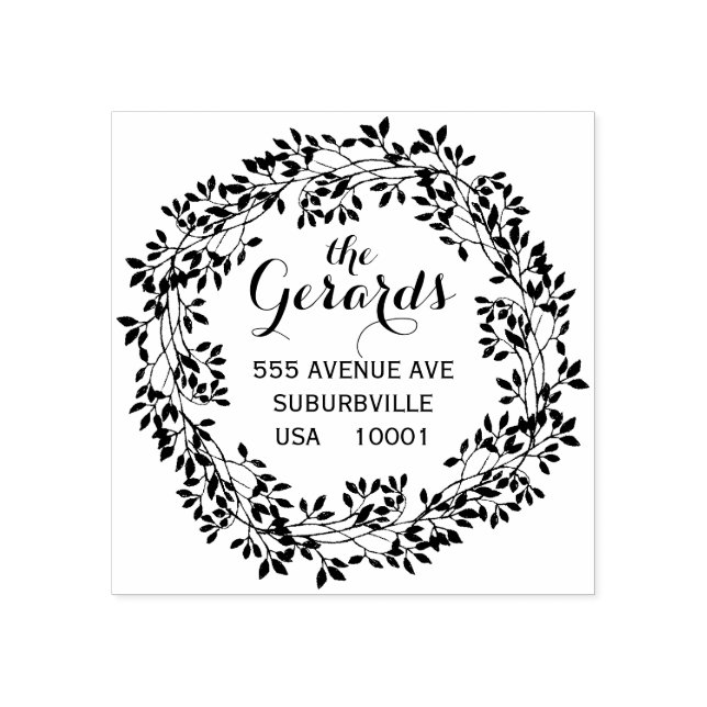 Branch Wreath Leaves Address Custom Rubber Stamp (Imprint)