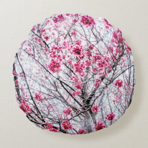 Branches and Blooms of a Cherry Tree Round Cushion