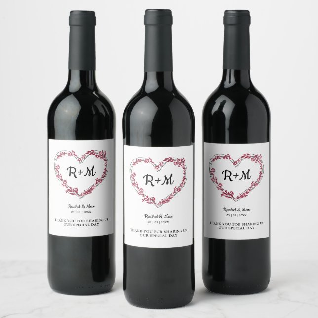 Branches and Wildflowers Heart in Red Wine Label (Bottles)