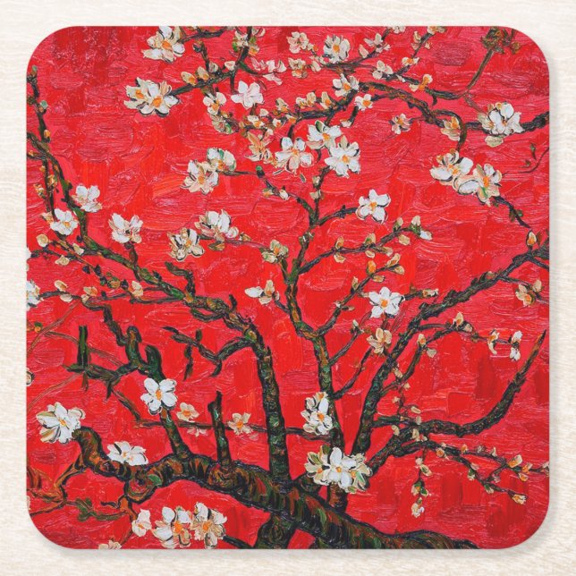 Branches of Almond Tree in Blossom, Van Gogh Square Paper Coaster (Front)