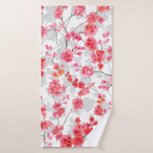 Branches of cherry blossoms on white and grey back bath towel