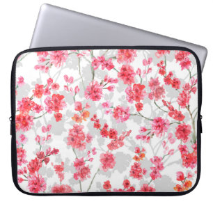 Branches of cherry blossoms on white and grey back laptop sleeve