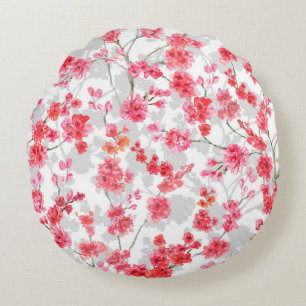 Branches of cherry blossoms on white and grey back round cushion