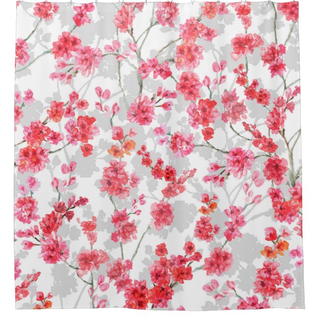 Branches of cherry blossoms on white and grey back shower curtain (Front)