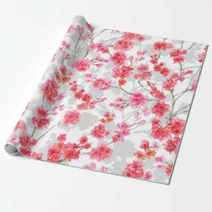 Branches of cherry blossoms on white and grey back wrapping paper