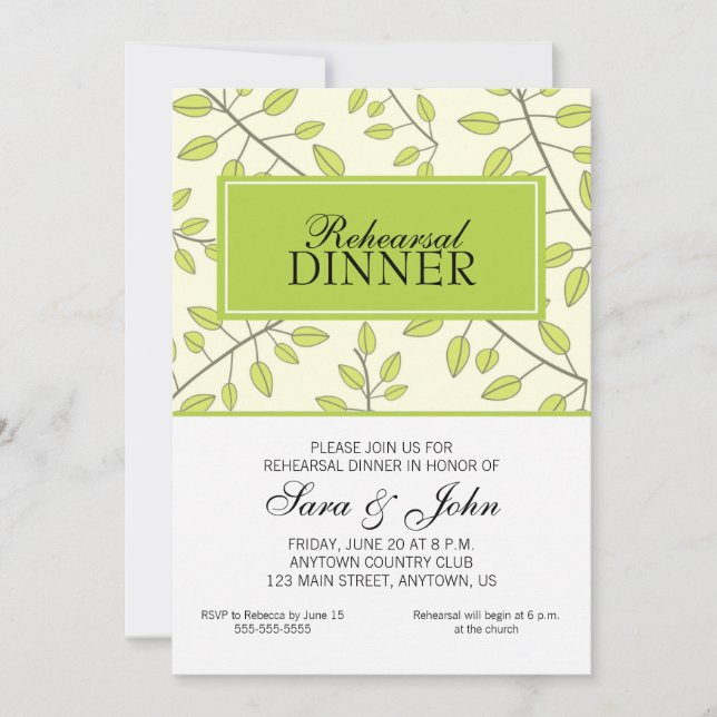 Branches of Green Leaves, Rehearsal Dinner Invitation (Front)