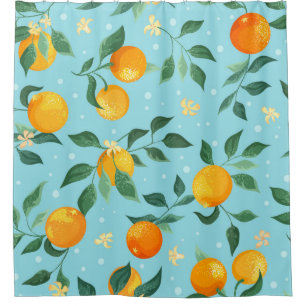 Branches of oranges with flowers on a blue backgro shower curtain